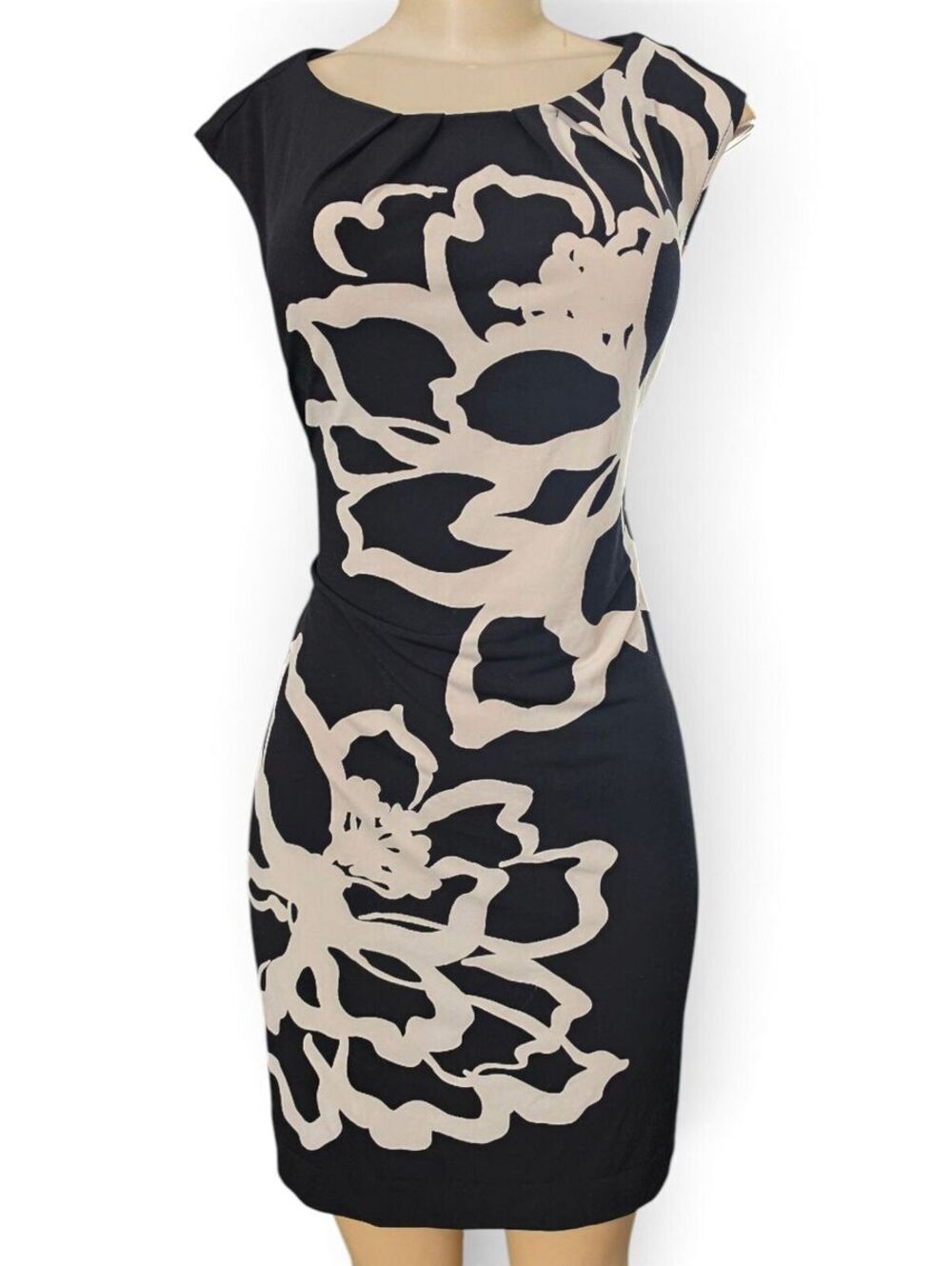 London Times Black Cream Floral Dress Sleeveless Sheath Abstract Flower Print